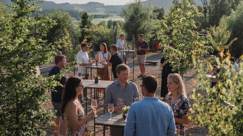 Menschen, die an Tischen im Freien, umgeben von viel Grün, Getränke genießen und sich unterhalten