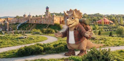 Ein Cartoon-Triceratops mit Brille, Flanellhemd und Stiefeln steht auf einem Weg inmitten des IKUNA Naturresorts. Er hat einen fröhlichen Gesichtsausdruck und stellt sich den IKUNA Gästen vor.