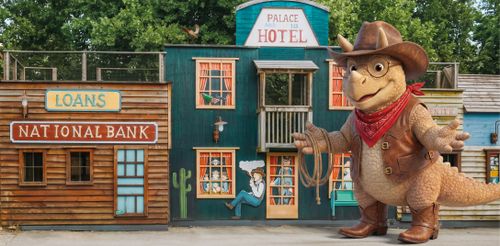 IKUNA Naturresort American Weekend Ein Dinosaurier in Cowboy-Kleidung, das Maskottchen IKUNO, steht vor bunten, cartoonartigen Westerngebäuden mit den Aufschriften „National Bank“ und „Hotel“. Eine verspielte und skurrile Szene im IKUNA Naturresort.