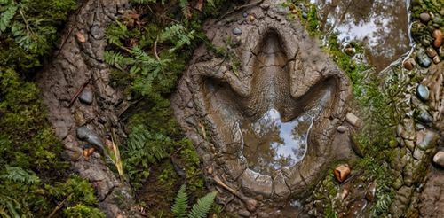 Ein großer, mit Wasser gefüllter Dinosaurier-Fußabdruck auf schlammigem Untergrund, umgeben von grünen Pflanzen und kleinen Steinen.