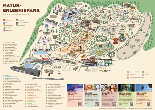 IKUNA Naturerlebnispark Abenteuerkarte Illustrierte Karte des Naturerlebnisparks mit verschiedenen Attraktionen wie Fahrgeschäften, Spielplätzen und Gastronomiebereichen. Enthält farbcodierte Wege und Einrichtungen.