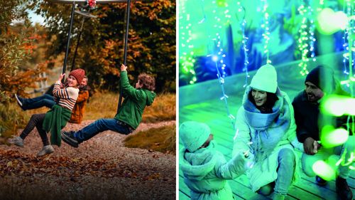 IKUNA Kombiticket In der einen Hälfte sieht man drei Kinder, die warm bekleidet sind und auf einer Seilrutsche sitzen. Auf der anderen Hälfte sieht man eine Familie mit einem kleinen Kind. Diese sind winterlich gekleidet. Von der Decke kommen Lichterketten, die im Vordergrund und im Hintergrund verschwommen sind. Auf dem Foto steht „2 Erlebnisse. 1 Ticket“ und „Jetzt nur 68,50 € Statt 127 €“.