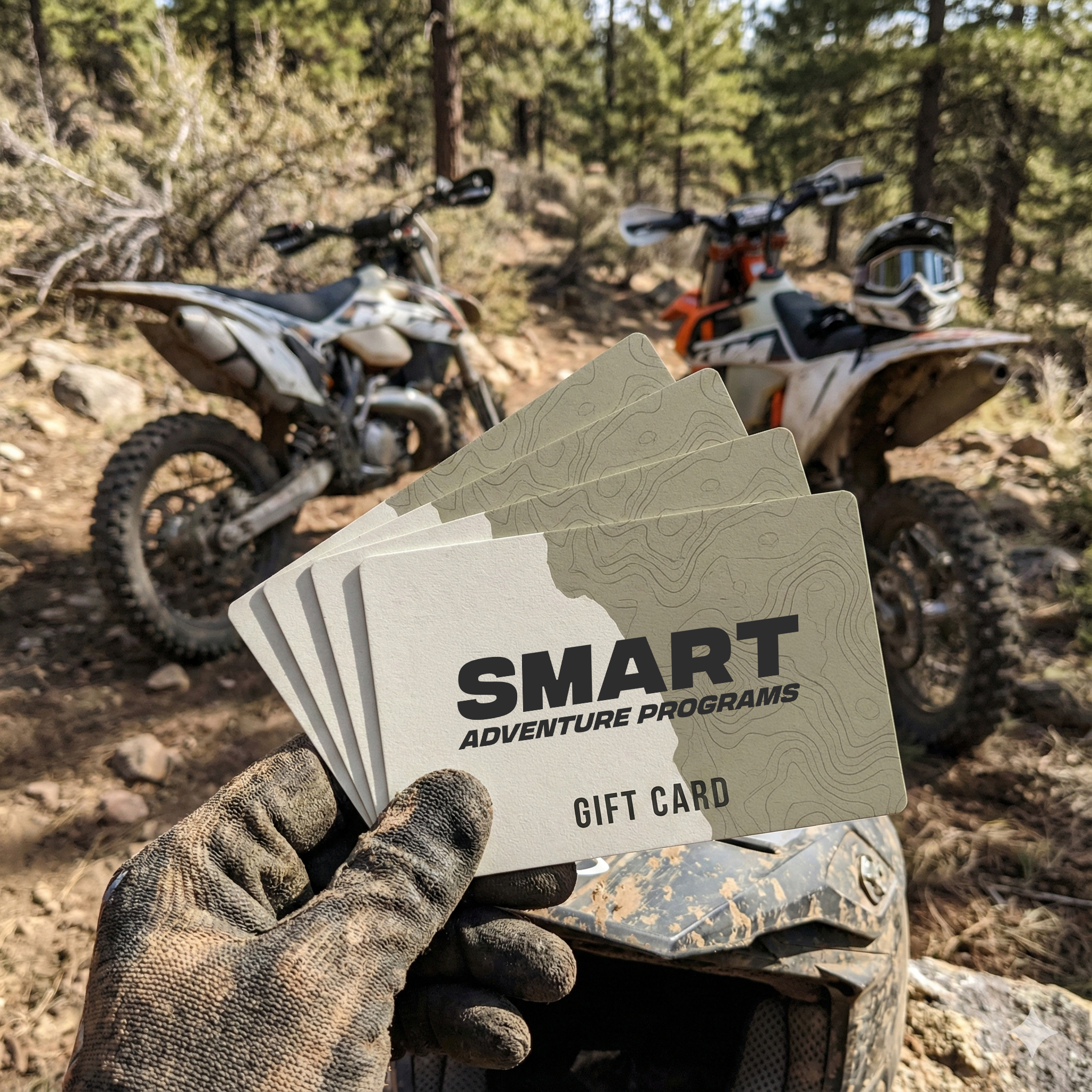 Person holding "Smart Adventure Programs" gift cards with two dirt bikes in a forested area in the background.