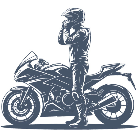 Illustration of a motorcyclist adjusting their helmet, standing beside a sports motorcycle, wearing protective gear.