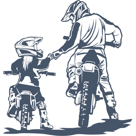 A parent and child on dirt bikes fist-bumping, wearing helmets and safety gear, depicted in a monochrome illustration.