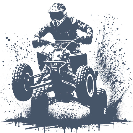 Silhouette of a person riding an ATV, mid-jump, with splattered mud effect in the background.
