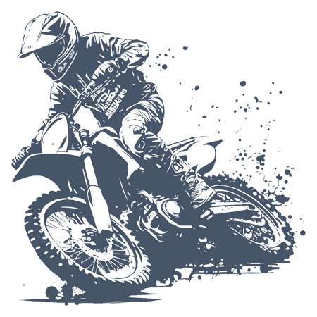 Illustration of a motocross rider in full gear, leaning into a curve with dynamic splatters conveying speed and motion.