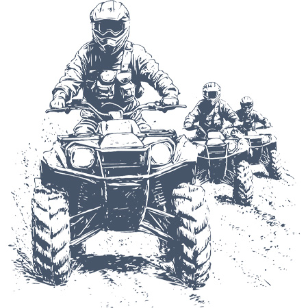 Three people riding all-terrain vehicles (ATVs) in a line on a dirt path, wearing helmets and protective gear.