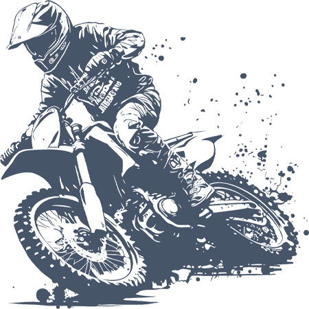 Illustration of a motocross rider in mid-action, leaning into a turn with splatters of dirt, wearing a helmet and protective gear.