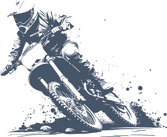 Illustration of a motocross rider in mid-turn, kicking up dirt. The monochrome design emphasizes speed and motion.