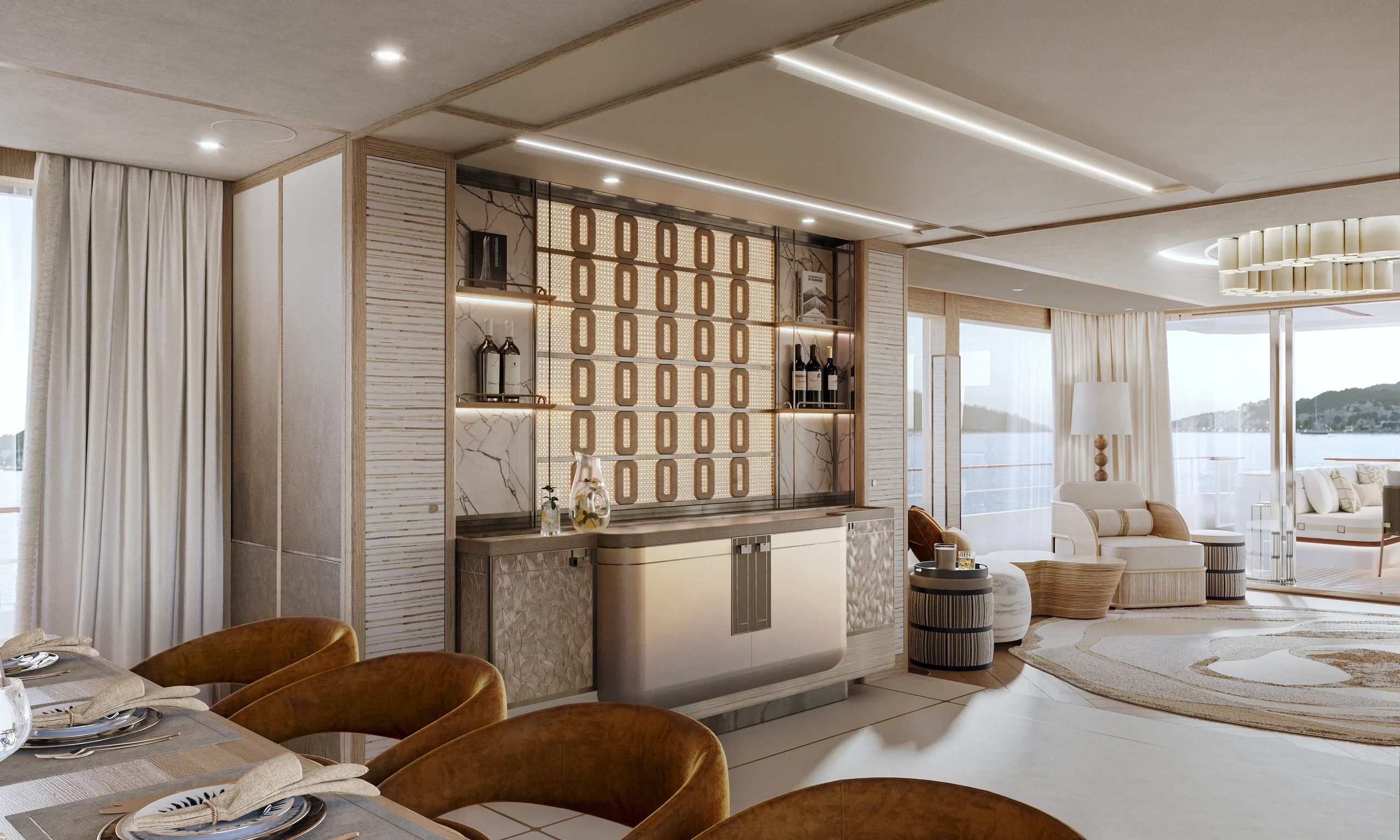 Luxurious yacht interior featuring a modern kitchen, elegant dining area, and spacious lounge with large windows overlooking the sea.