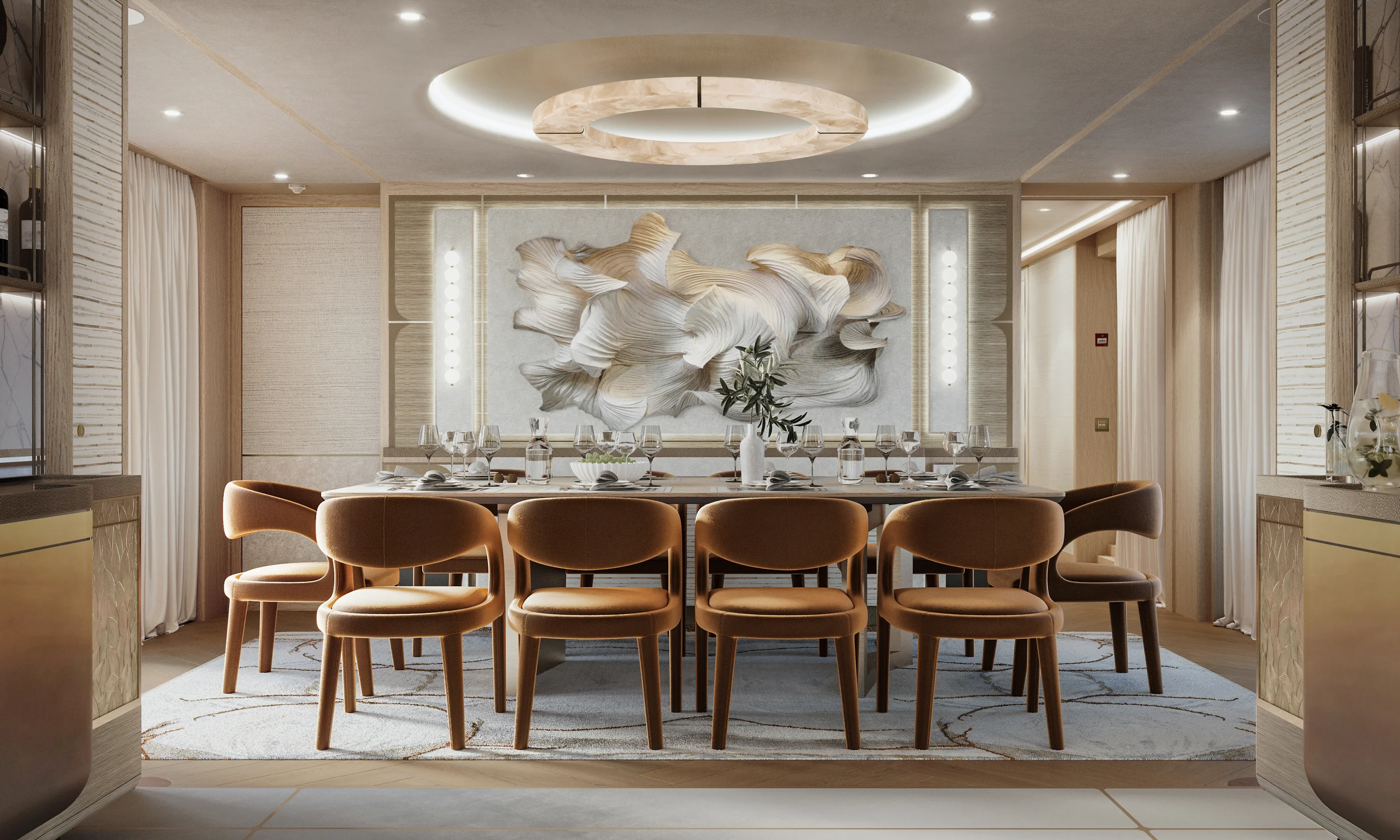 Elegantly decorated dining room with a long table, upholstered chairs, a large abstract wall art, and a circular ceiling light fixture.