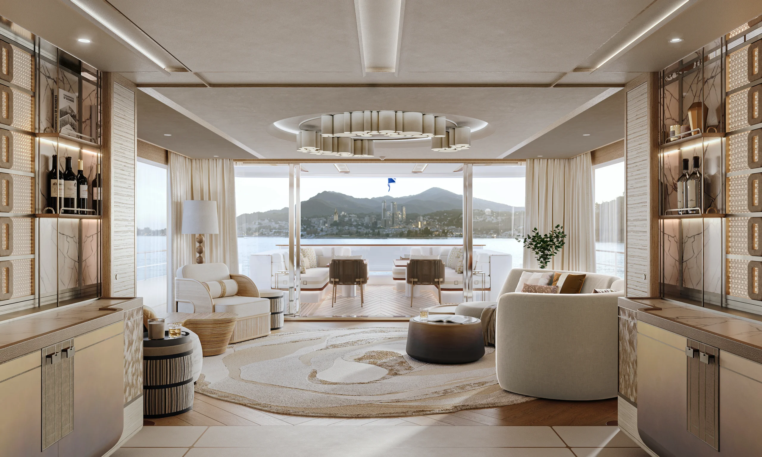Luxurious yacht interior with modern furniture, large windows offering a scenic ocean view, and elegant decor in neutral tones.