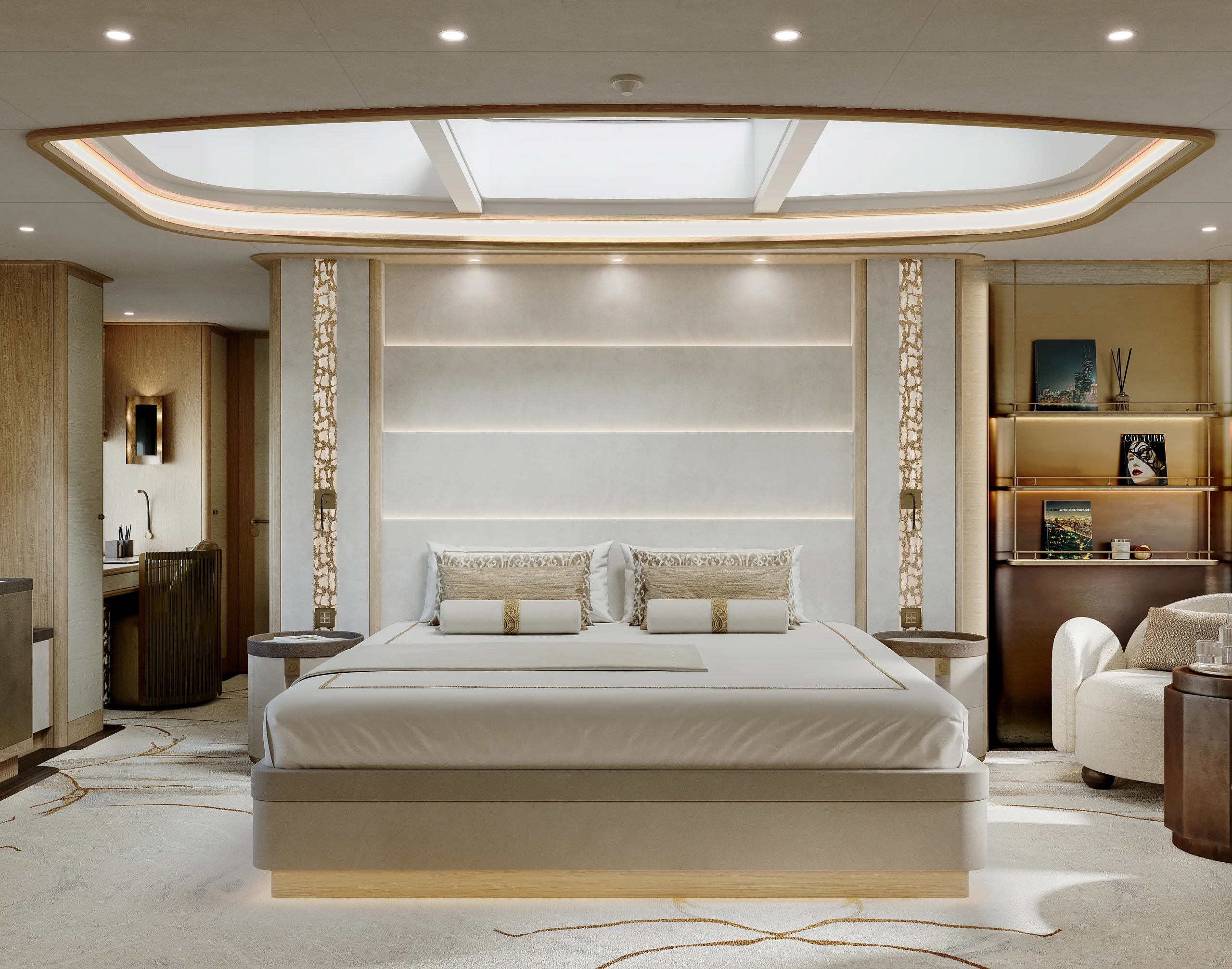 Luxurious master bedroom with a king-sized bed, elegant lighting, beige and gold accents, and modern furnishings in a spacious, well-lit cabin.