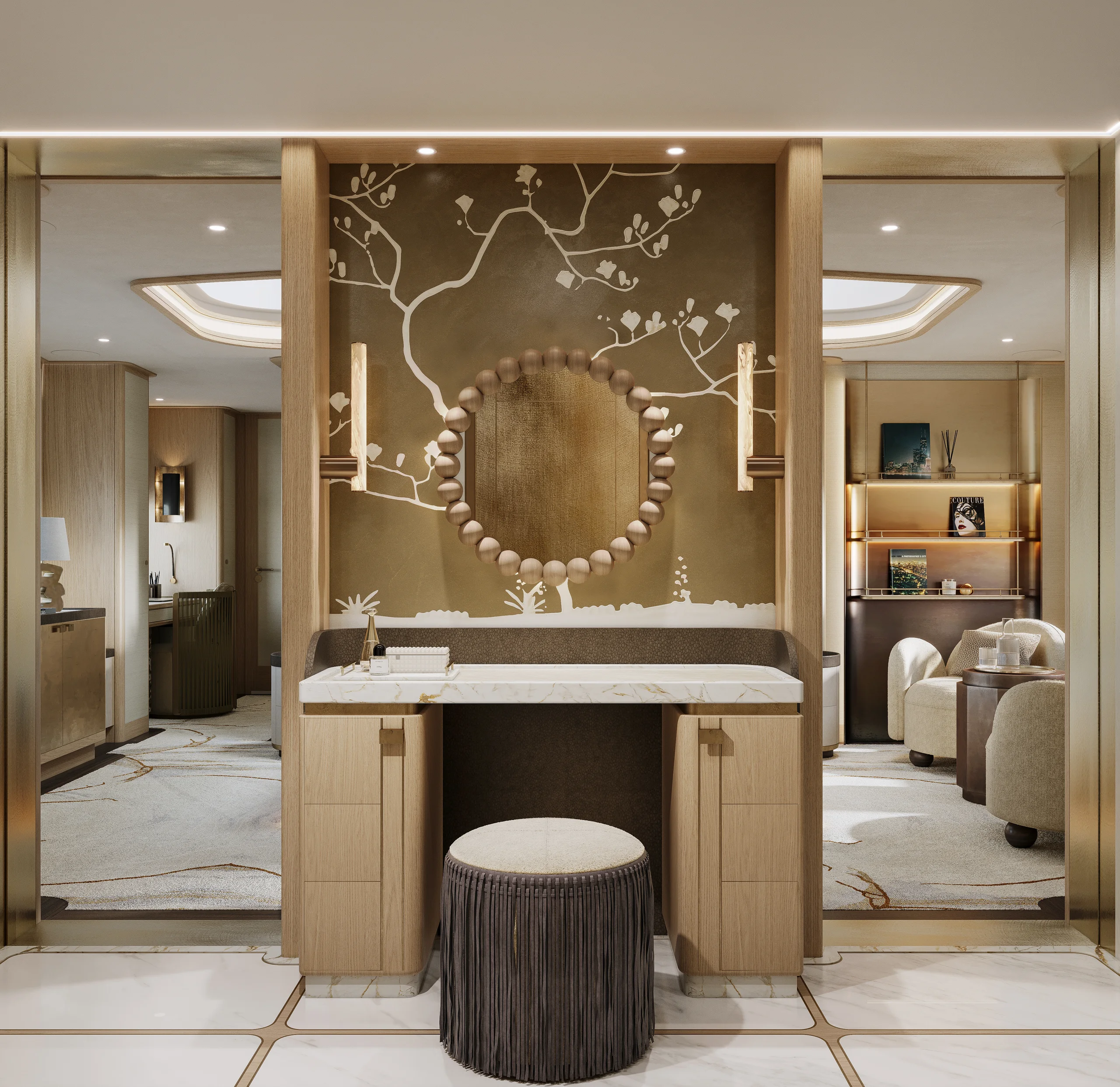 Elegant bathroom with a marble countertop, circular mirror with bead-like frame, wooden cabinetry, and minimalist decor in warm tones.