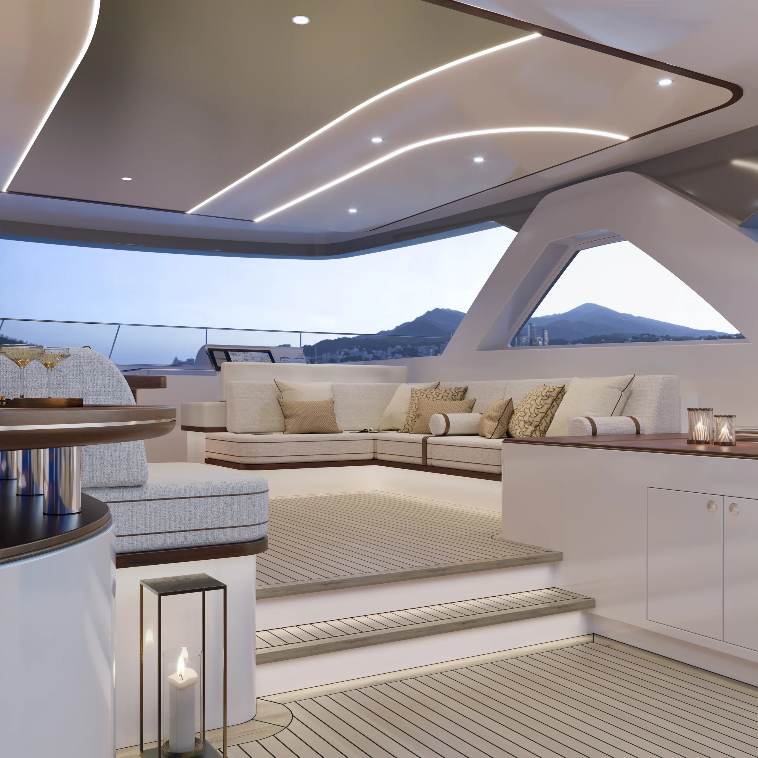 Luxury yacht deck with elegant seating, soft lighting, and ocean views. Cushions and decorative elements create a cozy, upscale ambiance.