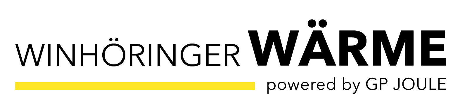 Logo „Winhöringer Wärme powered by GP JOULE“ mit gelber Akzentlinie auf weißem Hintergrund.