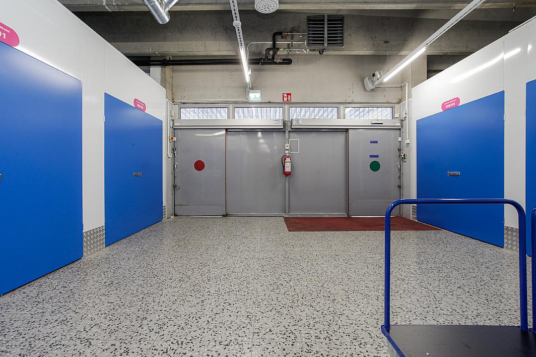 Industrial storage area with blue doors, a central metal garage door, and a speckled gray floor. Red and green circle markers are on the door.