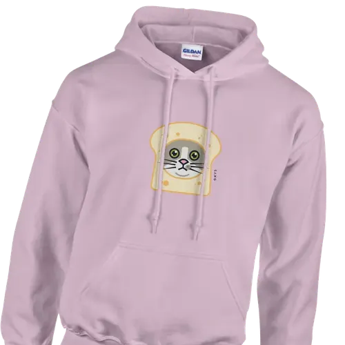 Rosa luvtröja med tryck på ett katthuvud omsluten av en smörgås