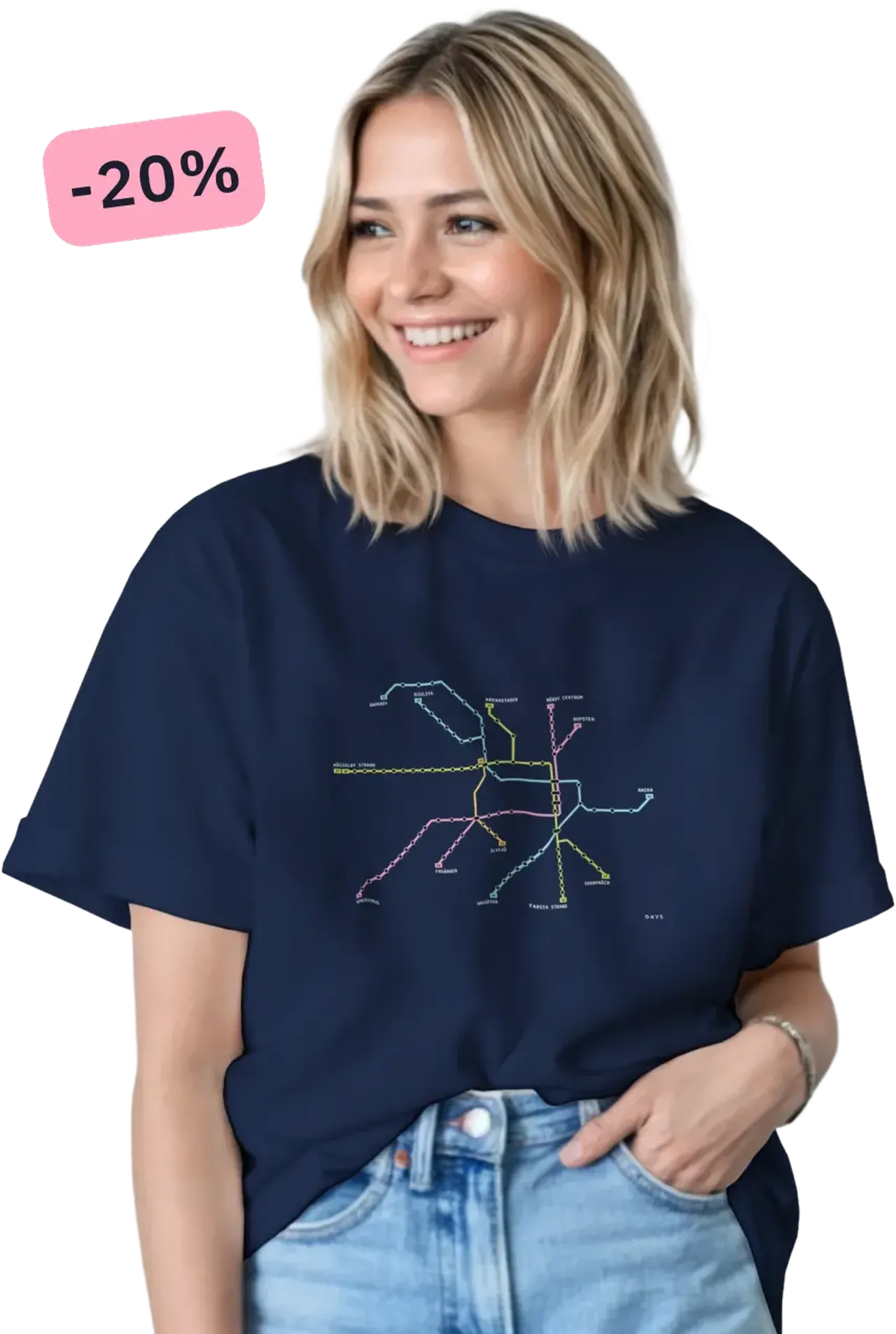 Ung kvinna har på sig en t-shirt med Stockholms tunnelbanesystem i Oxys färger.