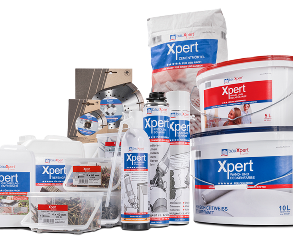 Übersicht Xpert Eigenmarke von bauXpert mit Farben, Mörtel, Grundierung und Zubehör