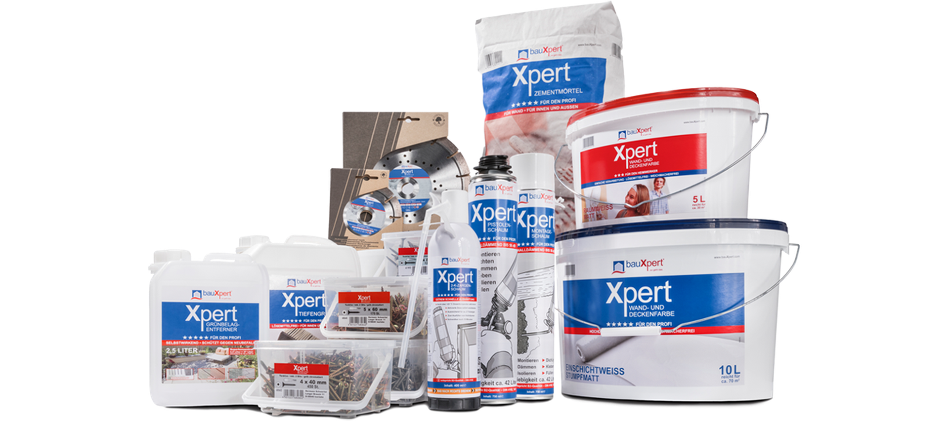 Übersicht Xpert Eigenmarke von bauXpert mit Farben, Mörtel, Grundierung und Zubehör