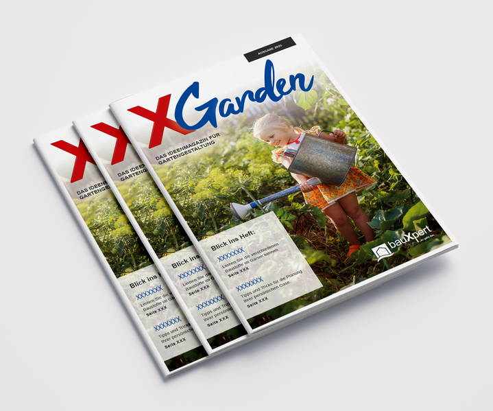 Drei bauXpert XGarden Magazine mit einem Kind auf dem Cover, das mit einer Metallgießkanne im Garten steht