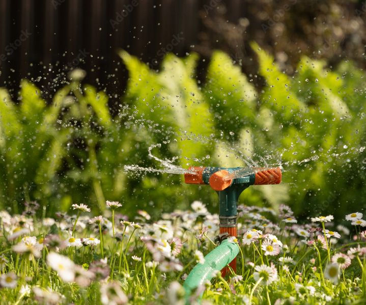 Ein Rasensprenger verteilt Wasser gleichmäßig über eine Grünfläche.