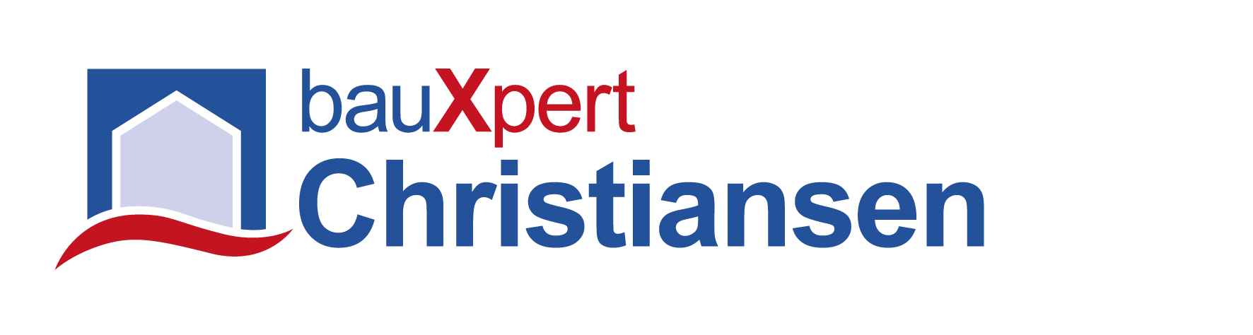 Logo von bauXpert Christiansen mit stilisiertem Hausmotiv und Schriftzug in Blau und Rot auf transparentem Hintergrund