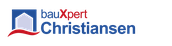 Logo von bauXpert Christiansen mit stilisiertem Hausmotiv und Schriftzug in Blau und Rot auf transparentem Hintergrund