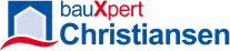 Das Logo von bauxpert Christiansen ist blau und rot und bildet ein Haus mit einem Schriftzug daneben ab.
