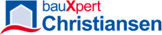 Das Logo von bauxpert Christiansen ist blau und rot und bildet ein Haus mit einem Schriftzug daneben ab.