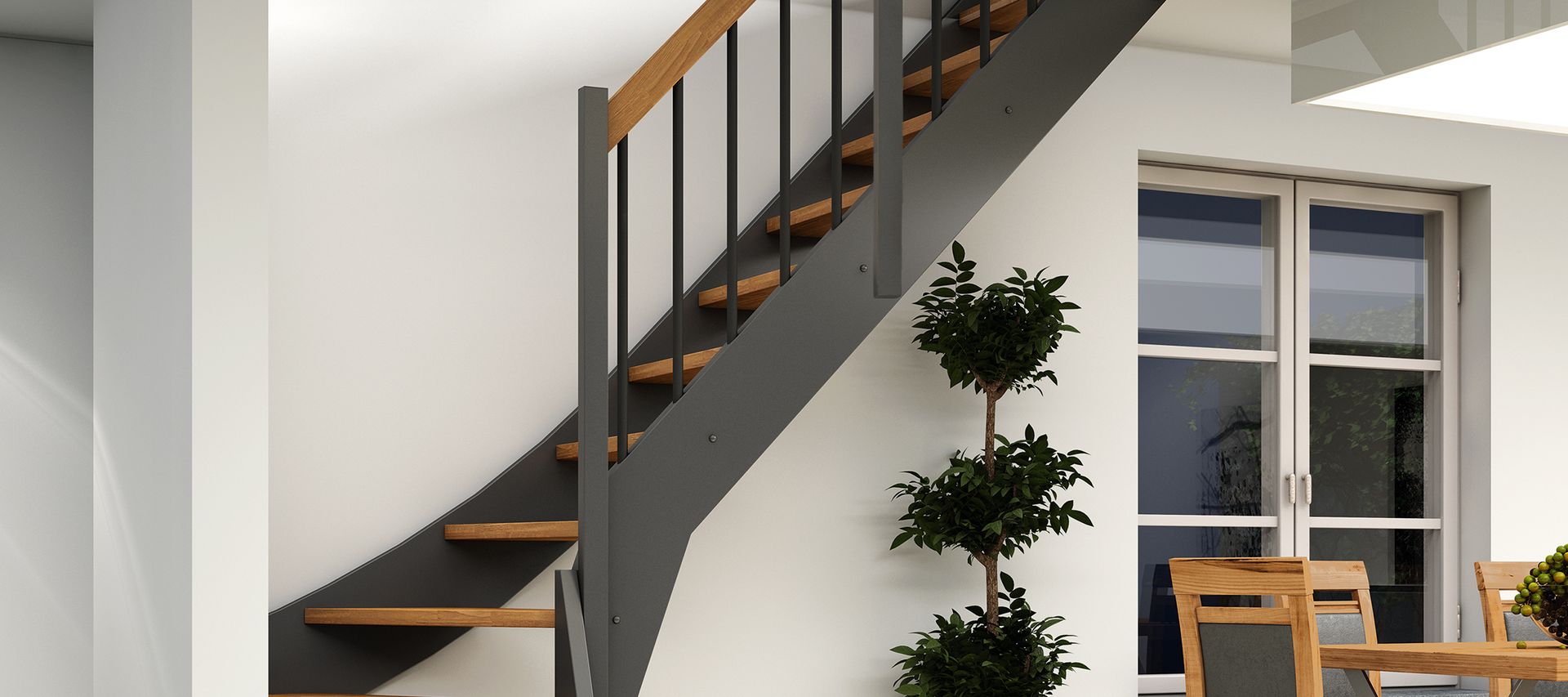 Eine kompakte Raumspartreppe verbindet zwei Etagen und benötigt nur wenig Platz.