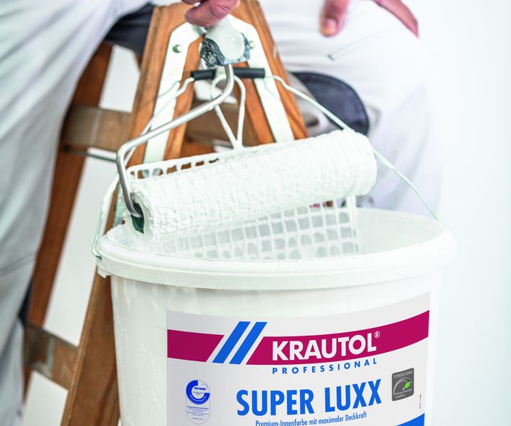 Malerwerkzeuge und Malerbedarf wie Rollen und Pinsel sind für Anstricharbeiten vorbereitet.