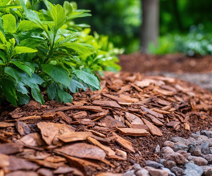 Rindenmulch liegt locker auf einer Beetfläche und schützt den Boden vor Austrocknung.