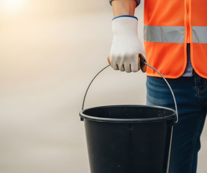 Ein leerer Eimer wird am Griff in der Hand gehalten und ist einsatzbereit für verschiedene Bauarbeiten.