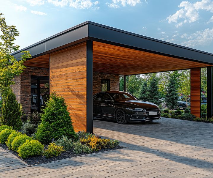 Ein moderner Carport mit stabiler Konstruktion bietet einen überdachten Stellplatz für ein Fahrzeug.