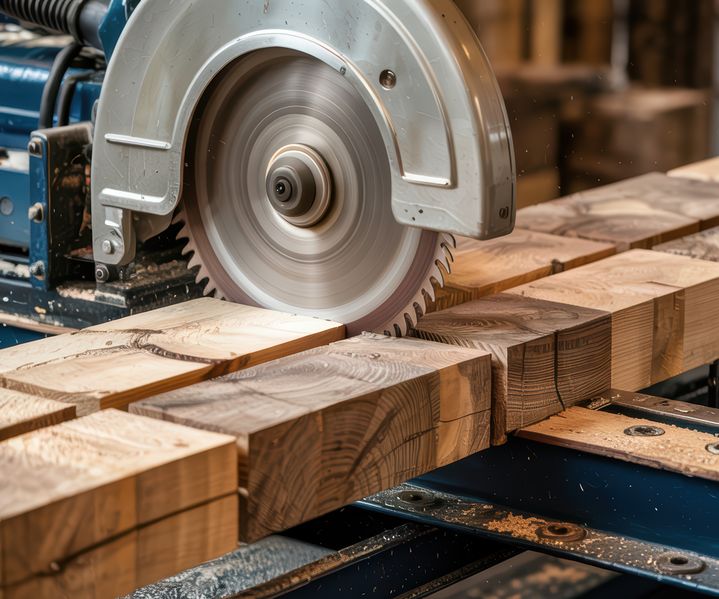Ein Kreissägeblatt mit scharfen Zähnen ist für saubere und kontrollierte Schnitte ausgelegt.