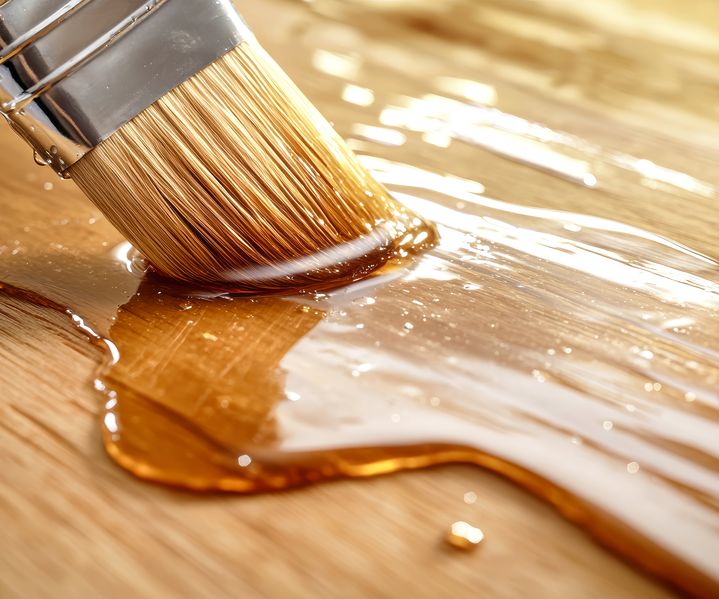 Holzöl wird gleichmäßig mit einem Tuch auf eine Holzoberfläche aufgetragen und hebt die natürliche Maserung hervor.