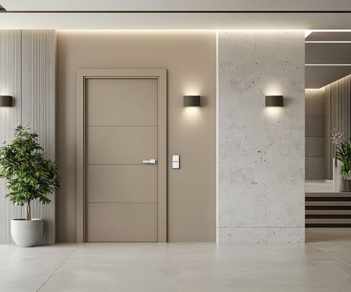 Eine robuste Nebeneingangstür ist seitlich am Gebäude angebracht und bietet einen praktischen Zugang