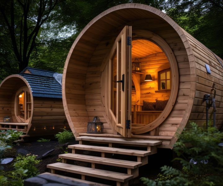 Eine Außensauna aus Holz steht im Garten und verbindet Wellness mit Naturerlebnis.