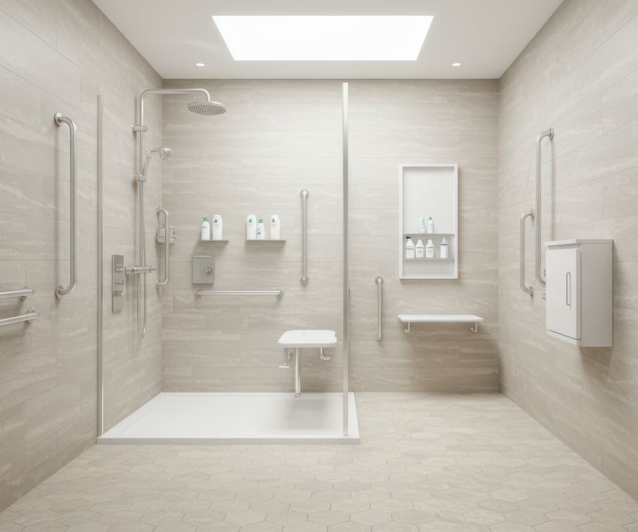 Ein bodengleicher Übergang verbindet zwei Wohnbereiche ohne Stufe und ermöglicht einen schwellenlosen Durchgang.