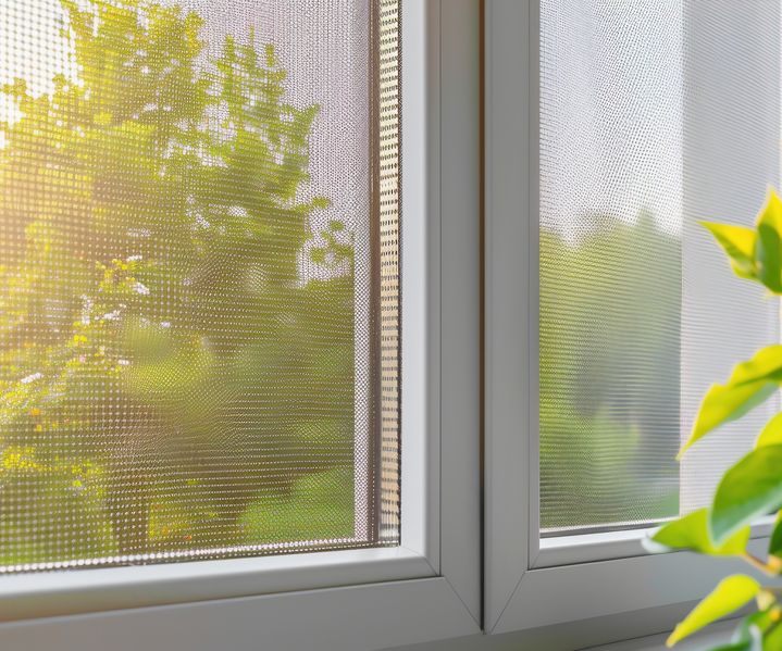 Ein Insektenschutzgitter ist vor einem Fenster montiert und hält Insekten zuverlässig aus dem Wohnraum fern