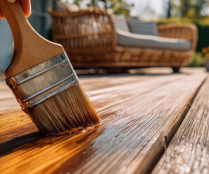 Holzlasur wird aufgetragen und schützt Holzoberflächen, während die Maserung sichtbar bleibt.