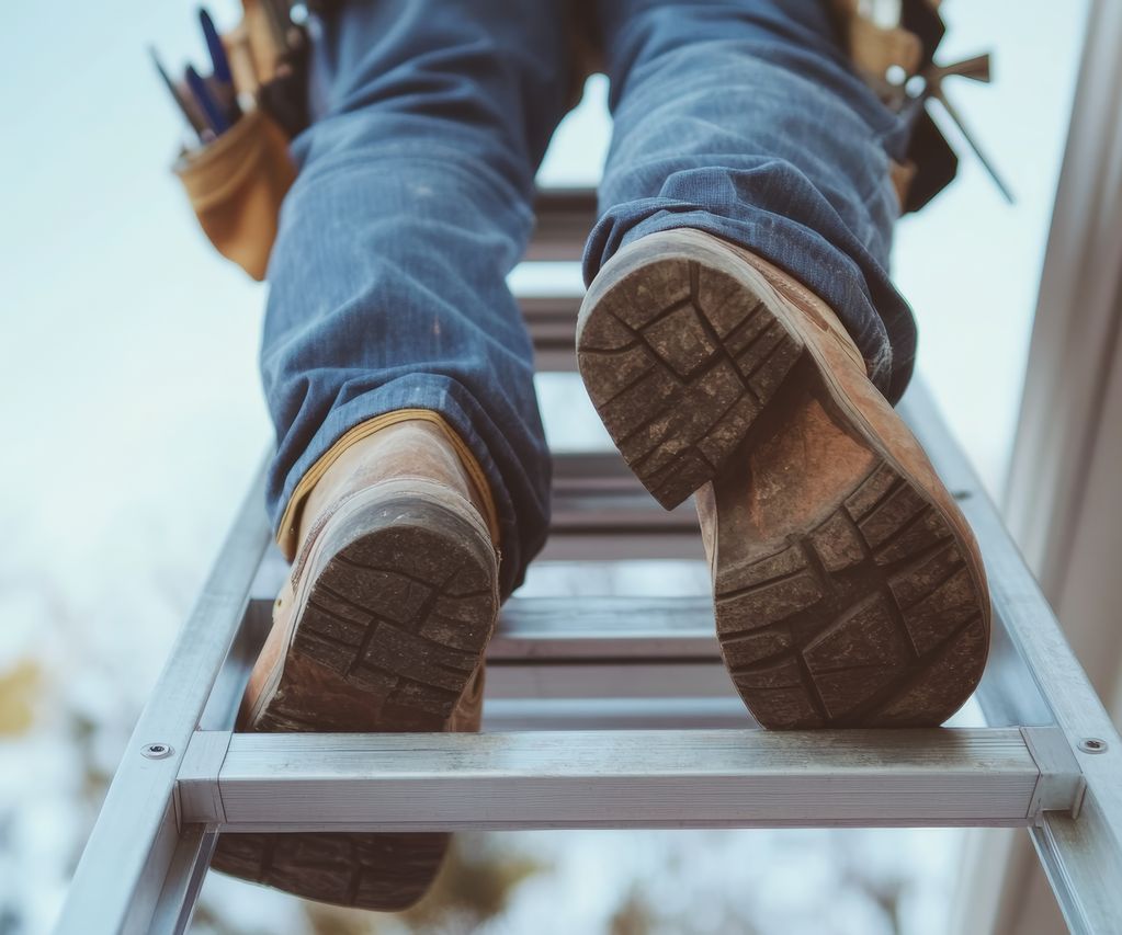 Eine Aluleiter ist aufgeklappt und bietet sicheren Stand bei Arbeiten in der Höhe.