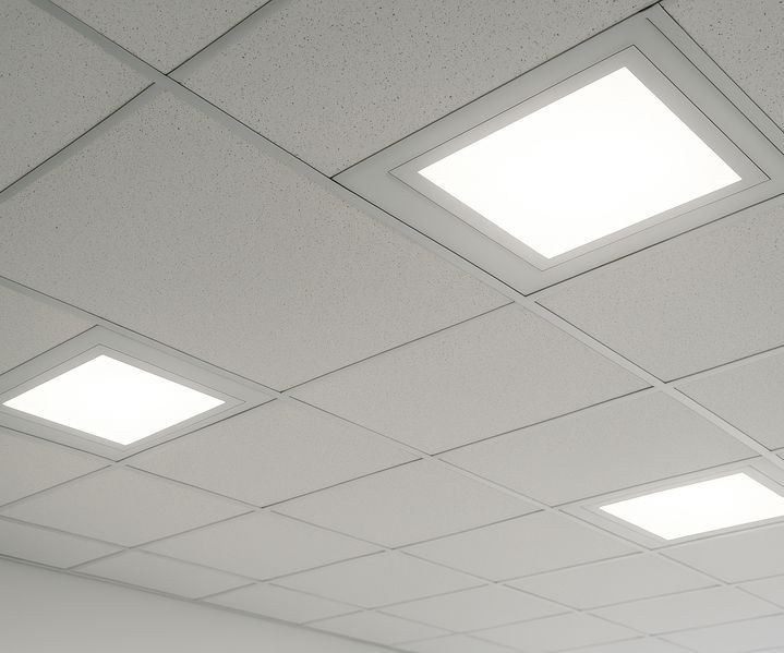 Eine abgehängte Decke mit Deckenplatten sorgt für eine saubere Raumoptik und verdeckt Installationen.