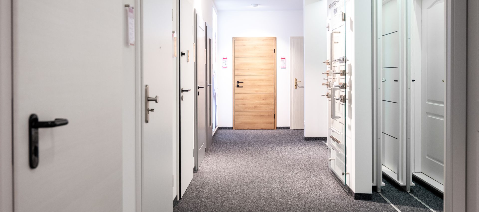 Mehrere Haustüren in unterschiedlichen Farben und Materialien stehen in der Ausstellung zur Auswahl.