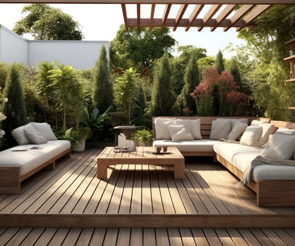 Holzterrasse mit Lounge-Sitzgruppe unter einer Pergola in dicht bepflanztem Garten