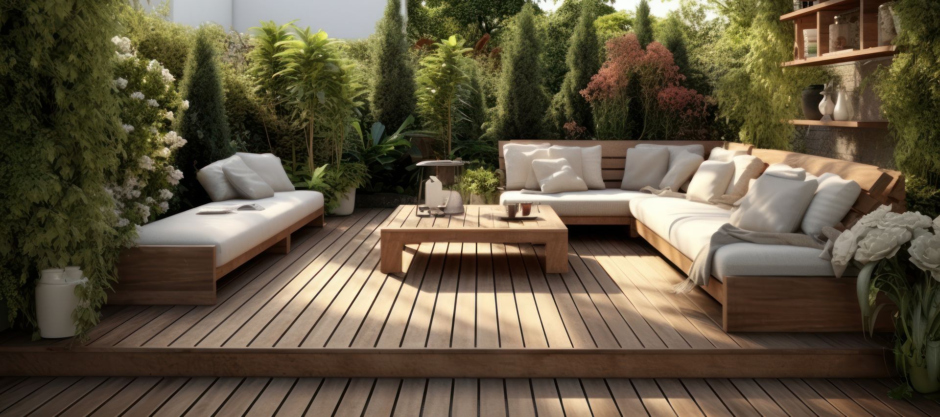 Holzterrasse mit Lounge-Sitzgruppe unter einer Pergola in dicht bepflanztem Garten