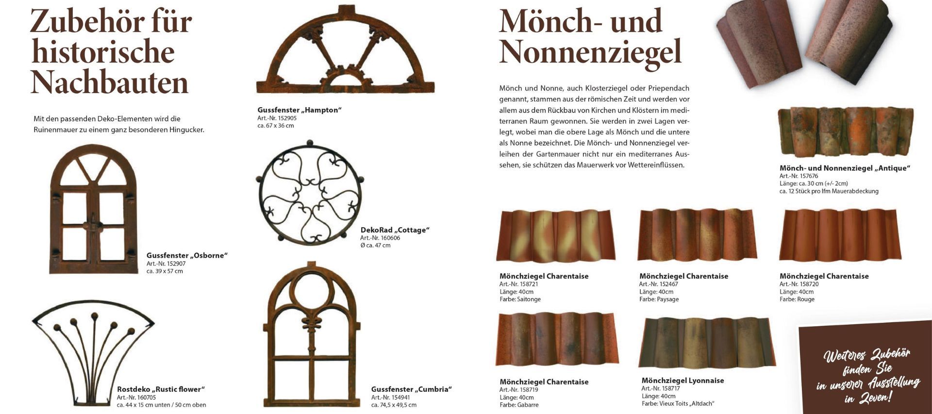 Zubehör für historische Nachbauten wie eine Ruinenmauer. Dachziegel, Eisenfenster und Deko